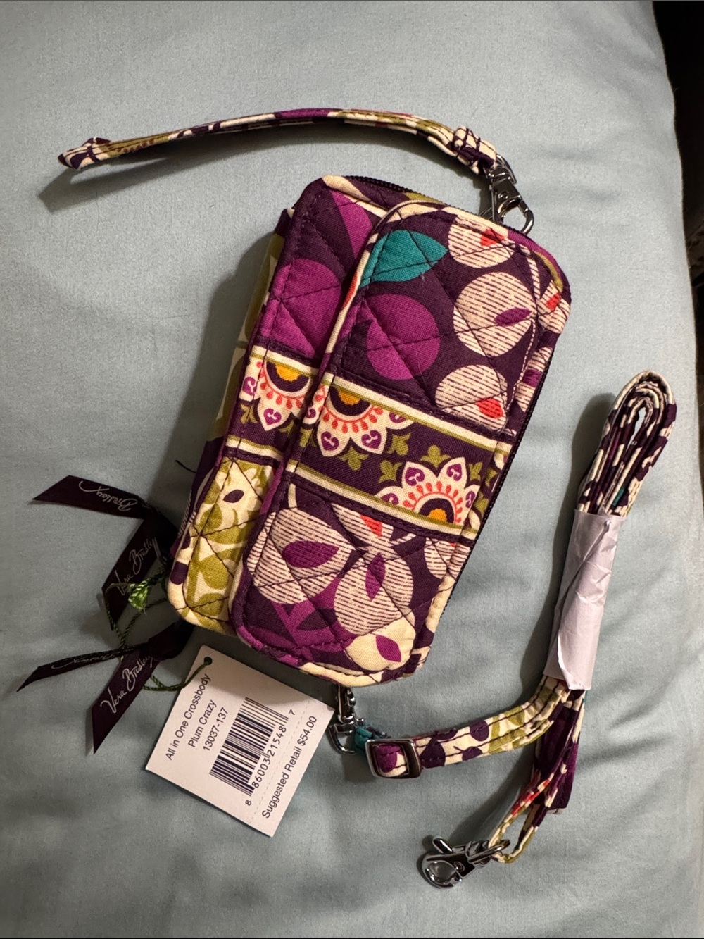 Vera Bradley Purple Floral Quilted Crossbody Wallet with Multicolor Accents